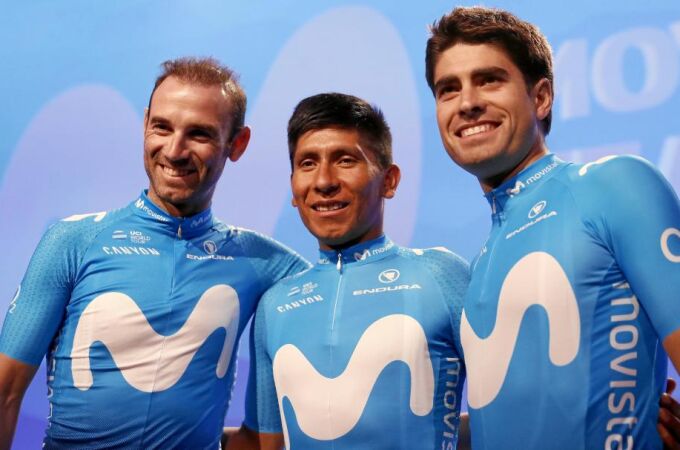 Alejandro Valverde, Nairo Quintana y Mikel Landa, durante la presentación del equipo Movistar