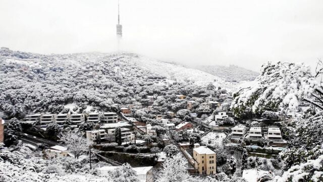 El Tibidabo amaneció cubierto de nieve, una imagen inusual en la montaña barcelonesa.