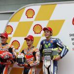 Marc Marquez, Dani Pedrosa y Valentino Rossi esta mañana en Sepang