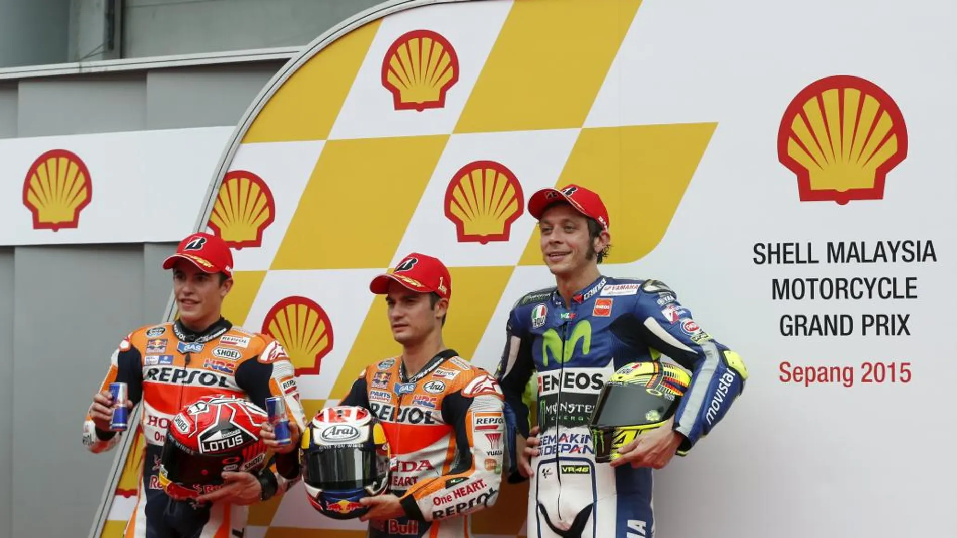Marc Marquez, Dani Pedrosa y Valentino Rossi esta mañana en Sepang