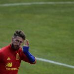 El jugador de la selección nacional Sergio Ramos durante un entrenamiento de la selección española de fútbol