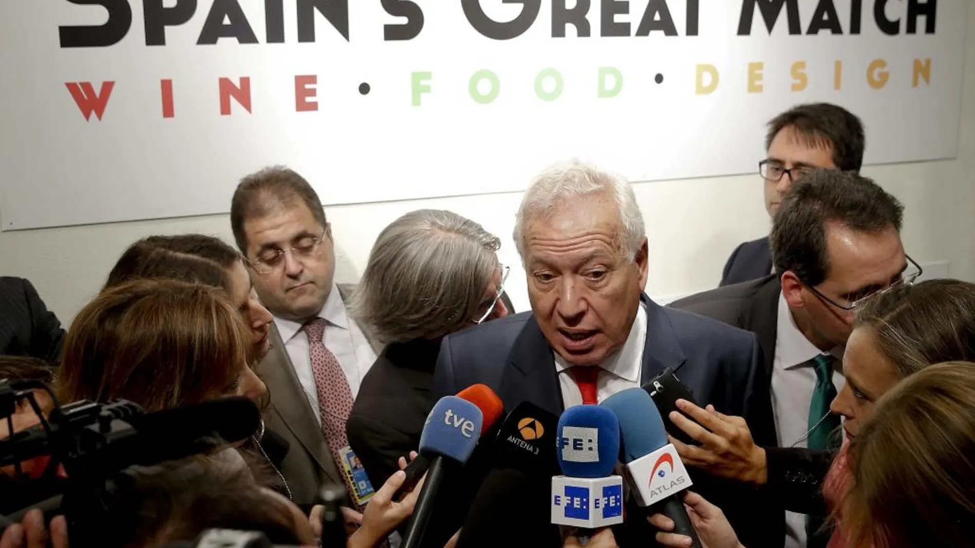 El ministro de Asuntos Exteriores y Cooperación, José Manuel García-Margallo, durante el acto de promoción gastronómica de la Marca España celebrado hoy en Nueva York