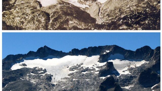 Los glaciares de los Pirineos se han reducido de 3.300 a 390 hectáreas desde 1900. En la imagen, el glaciar de La Maladeta en 1871 y 2013
