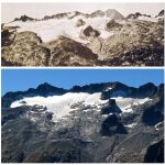 Los glaciares de los Pirineos se han reducido de 3.300 a 390 hectáreas desde 1900. En la imagen, el glaciar de La Maladeta en 1871 y 2013