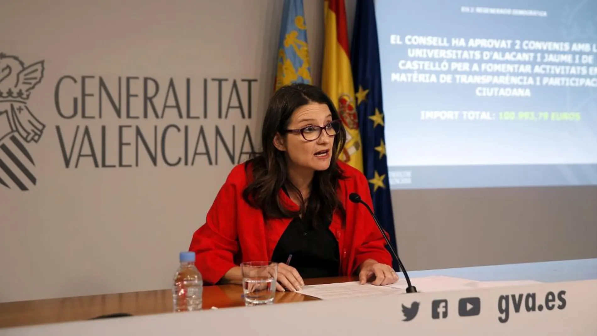 La vicepresidenta y portavoz del Consell, Mónica Oltra, ayer durante la rueda de prensa