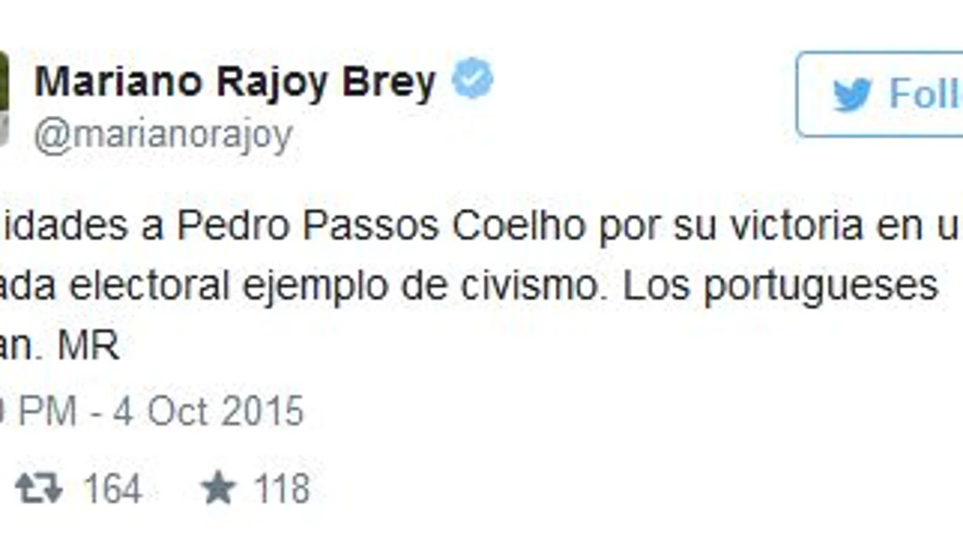 Rajoy afirma que «los portugueses ganan» con la victoria de Passos Coehlo