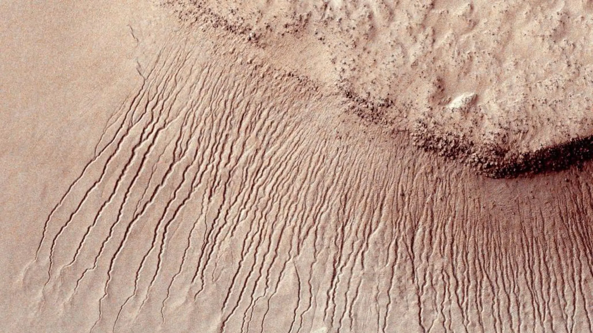 Imagen de los surcos que, según los científicos de la NASA, evidencia la existencia de agua salada en Marte