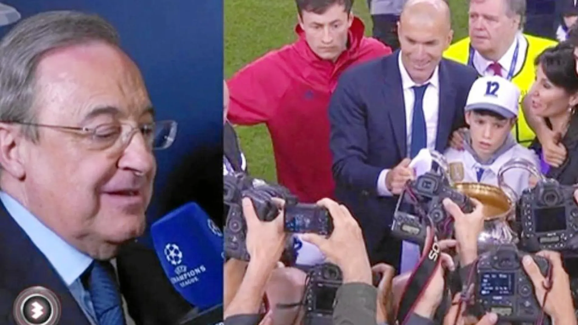 Un instante de la emisión en directo, a la izda. Florentino Pérez; a la dcha., Zidane celebrando la Copa