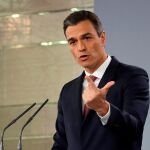 El presidente del Gobierno, Pedro Sánchez, durante la rueda de prensa que ha ofrecido hoy en el Palacio de La Moncloa. Foto: Efe/Ballesteros