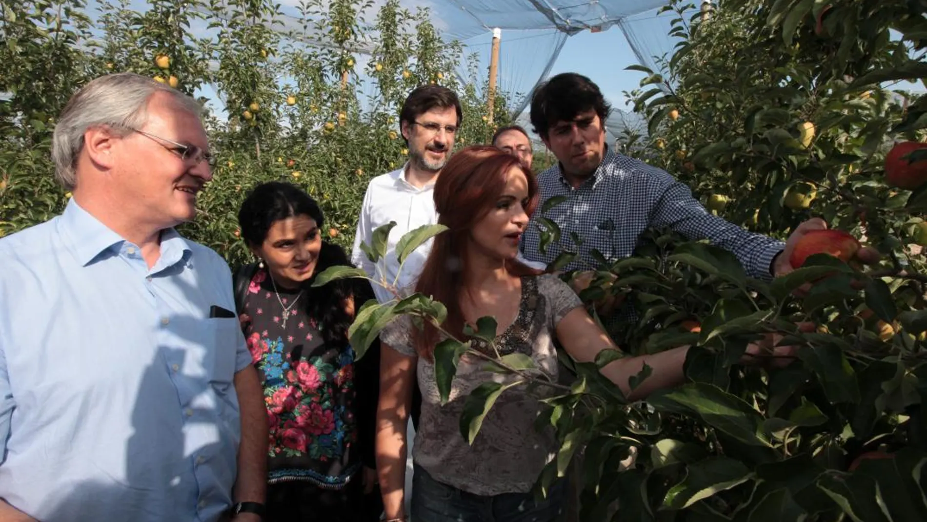 Silvia Clemente visita la plantación de manzanos de Nufri en El Burgo de Osma con miembros del grupo de trabajo de la Calre sobre despoblación