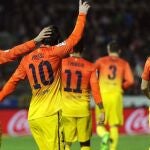 El delantero argentino del Barcelona Leo Messi celebra la consecución del segundo gol de su equipo ante el Granada
