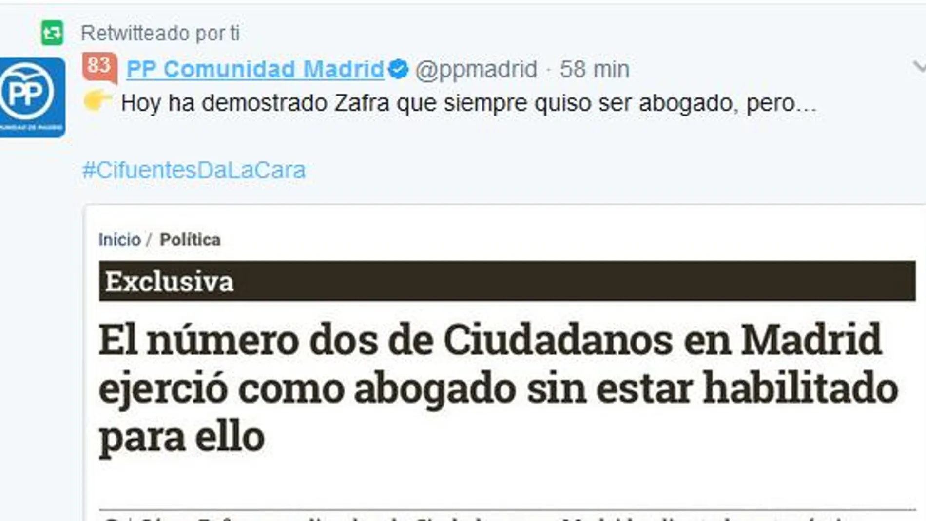 La indignación del PP de Madrid con César Zafra (C’s) llega a Twitter
