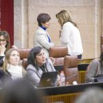 La presidenta de la Junta, Susana Díaz, da explicaciones a la diputada de Podemos Esperanza Gómez durante el Pleno