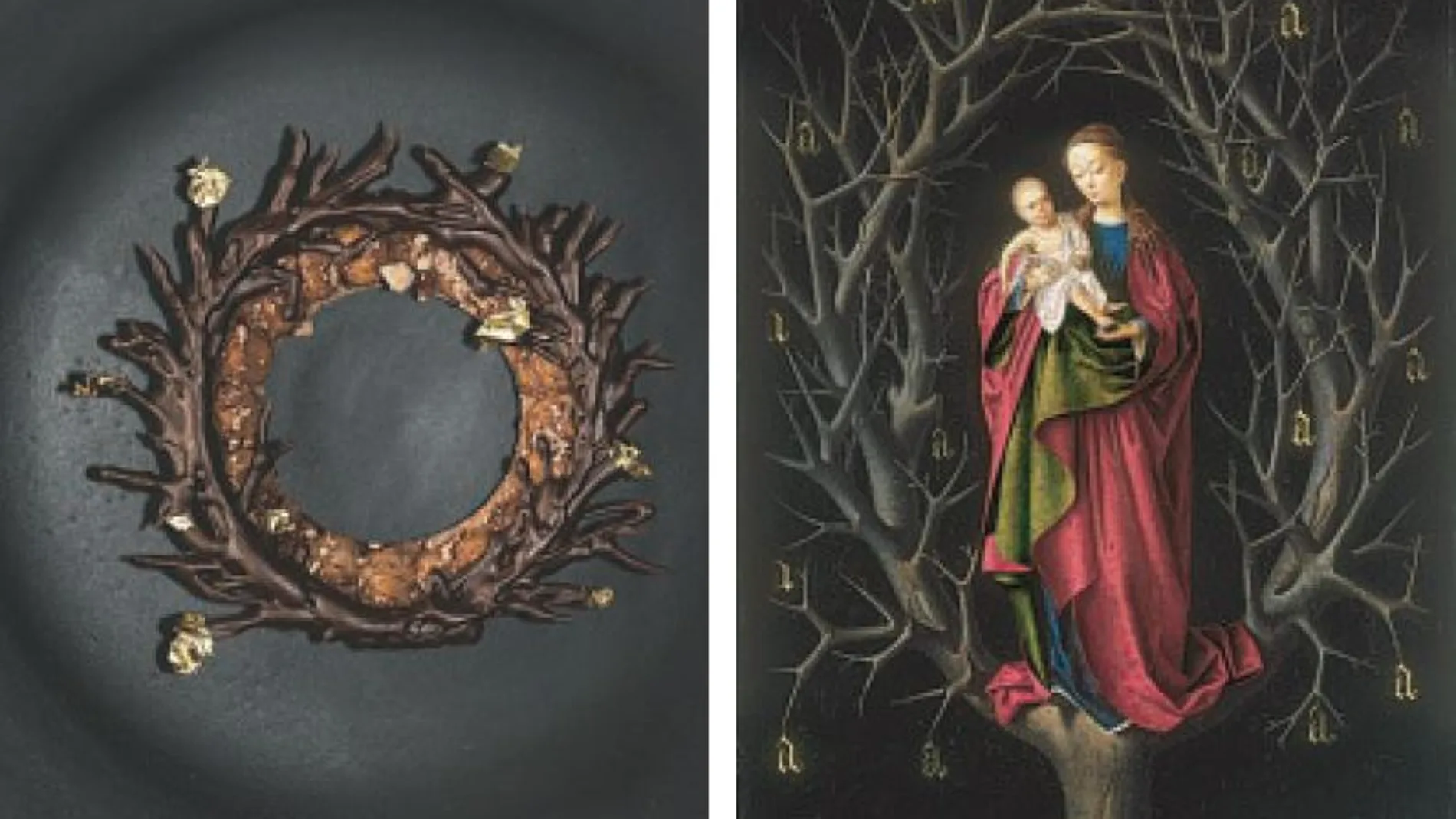 A la izquierda, la creación de Andrea Dopico, «Árbol seco», elaborado sobre la base de un bizcocho «moelleux», mientras que a la derecha está el lienzo «La Virgen del árbol seco» (detalle), obra de Petrus Christus