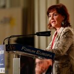 La vicepresidenta del Gobierno, Carmen Calvo, ofrece un desayuno informativo en el hotel Palace