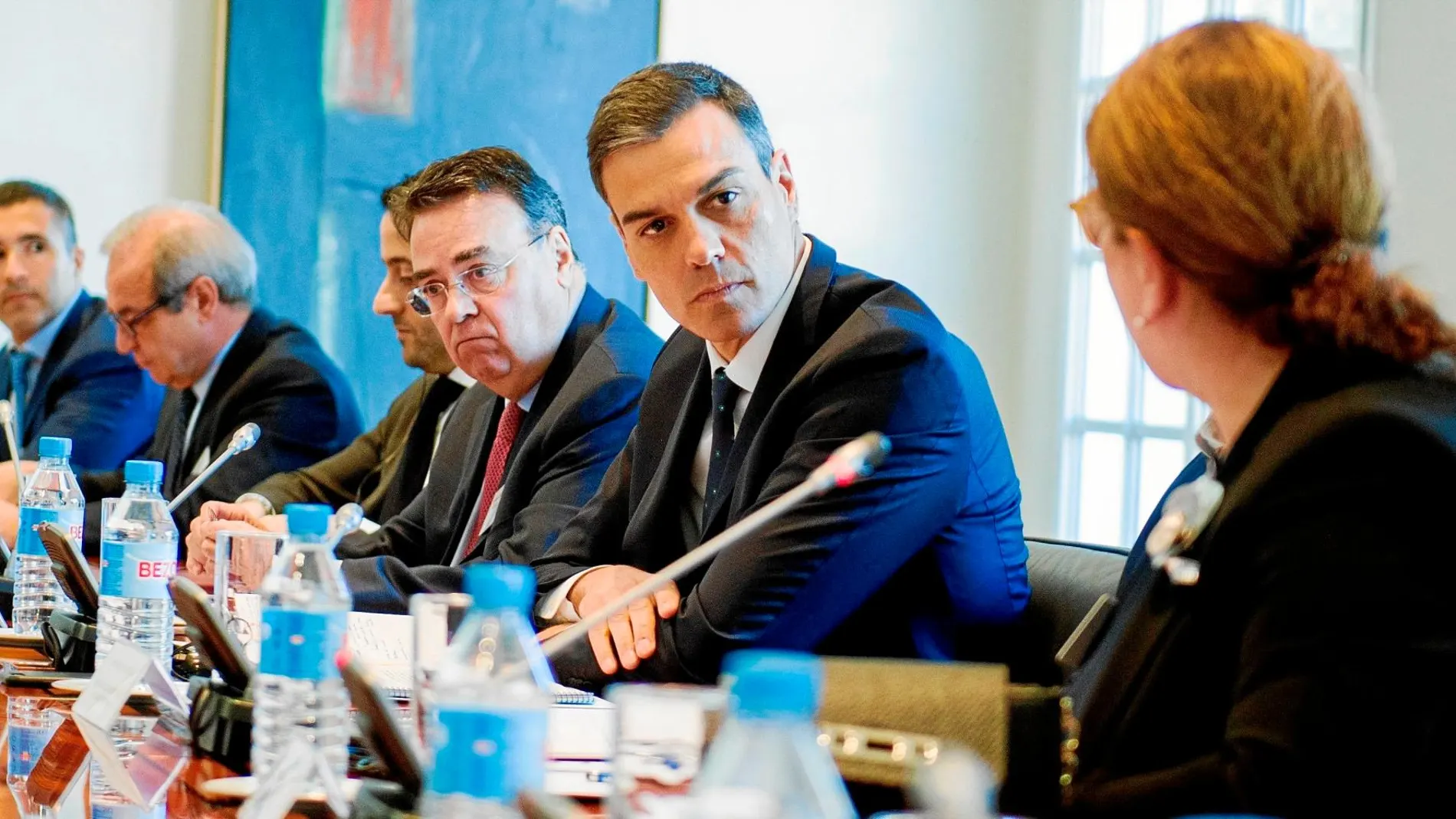 El presidente del Gobierno, Pedro Sánchez, ayer, en la reunión con inversores y empresarios celebrada en La Moncloa / Efe
