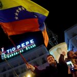 Casado (PP) porta una bandera de Venezuela en la concentración que tuvo lugar en Madrid / Efe