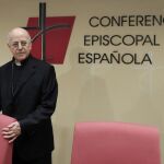 El cardenal Ricardo Blázquez, durante su comparecencia hoy en la sede de la Conferencia Episcopal.