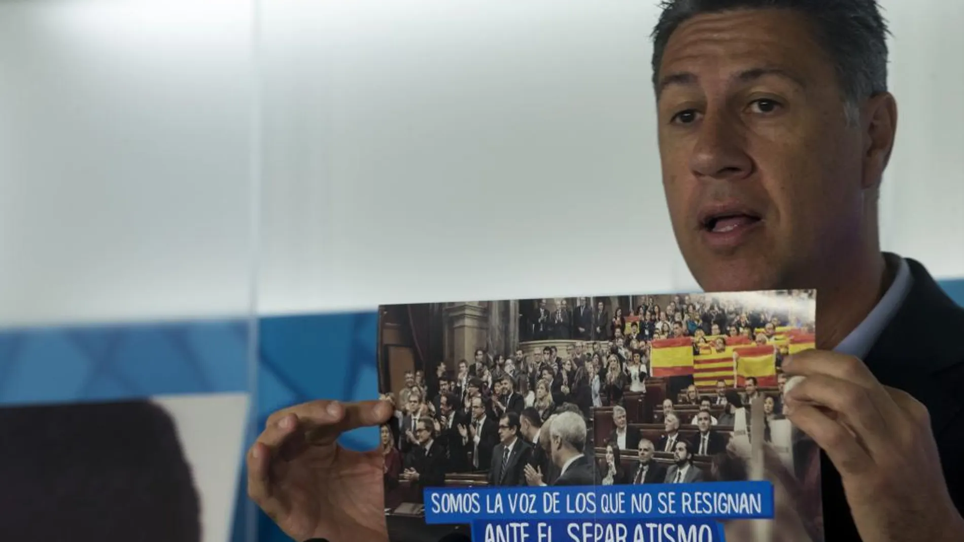 El presidente del Partido Popular Catalán, Xavier García Albiol, durante la presentación del nuevo material de la campaña «La Cataluña valiente», el pasado día 5