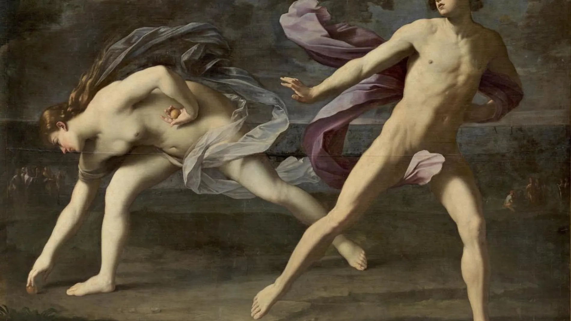 Atalanta cae en la trampa de Afrodita y se para a recoger una de las manzanas dispuestas por la diosa para permitir ganar la carrera a Hipómenes. Obra de Guido Reni en el Museo del Prado.