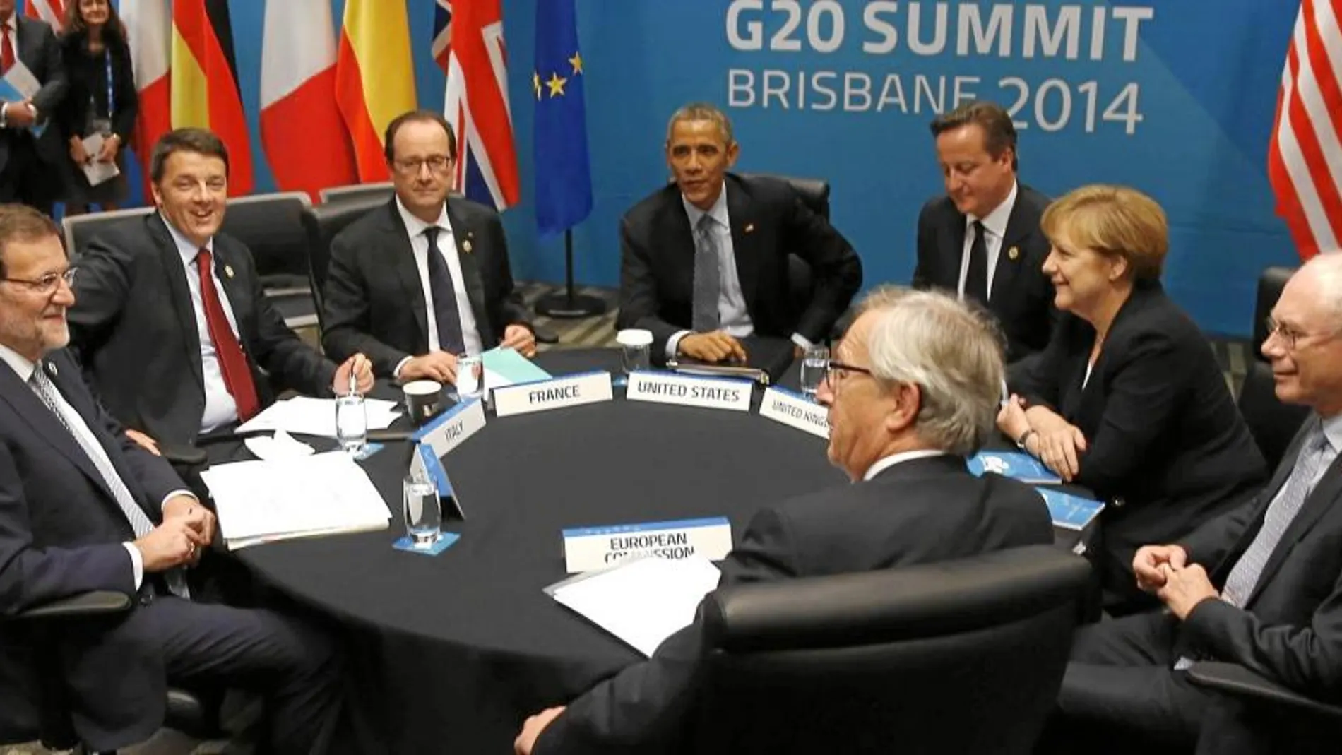 El presidente del Gobierno, Mariano Rajoy, Matteo Renzi, François Hollande, Barack Obama, David Cameron, Angela Merkel, Herman Van Rompuy y Jean Claude Juncker en el G-20 de 2014, en Australia