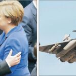François Hollande y Angela Merkel, ayer en Naciones Unidas. Un caza Rafale de la Fuerza Aérea francesa
