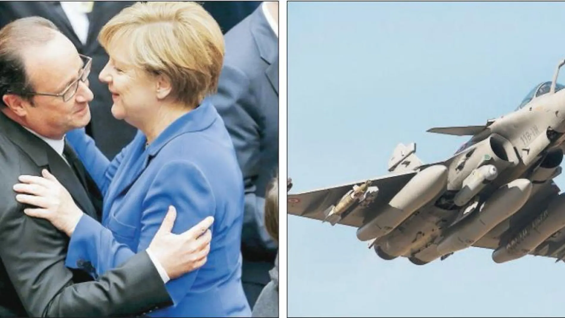 François Hollande y Angela Merkel, ayer en Naciones Unidas. Un caza Rafale de la Fuerza Aérea francesa