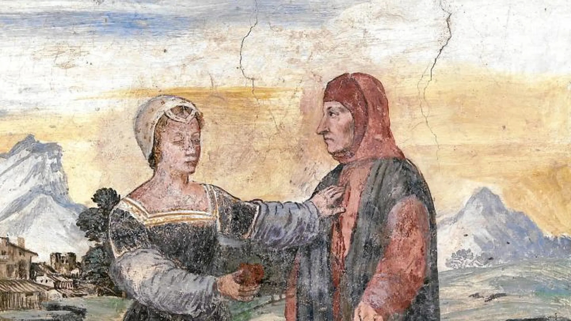 Laura recibiendo la visita de Petrarca en una pintura