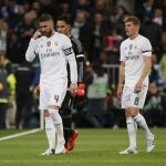 Los jugadores del Real Madrid Sergio Ramos, Keylor Navas y Toni Kroos