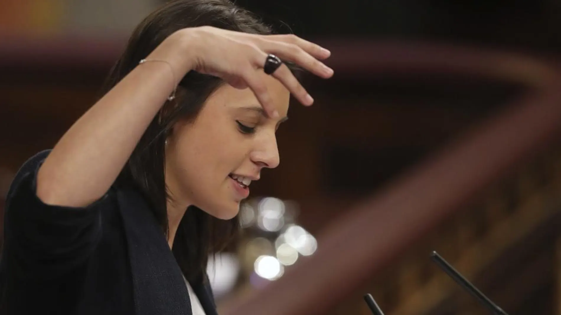 La portavoz de Unidos Podemos, Irene Montero, durante su intervención.