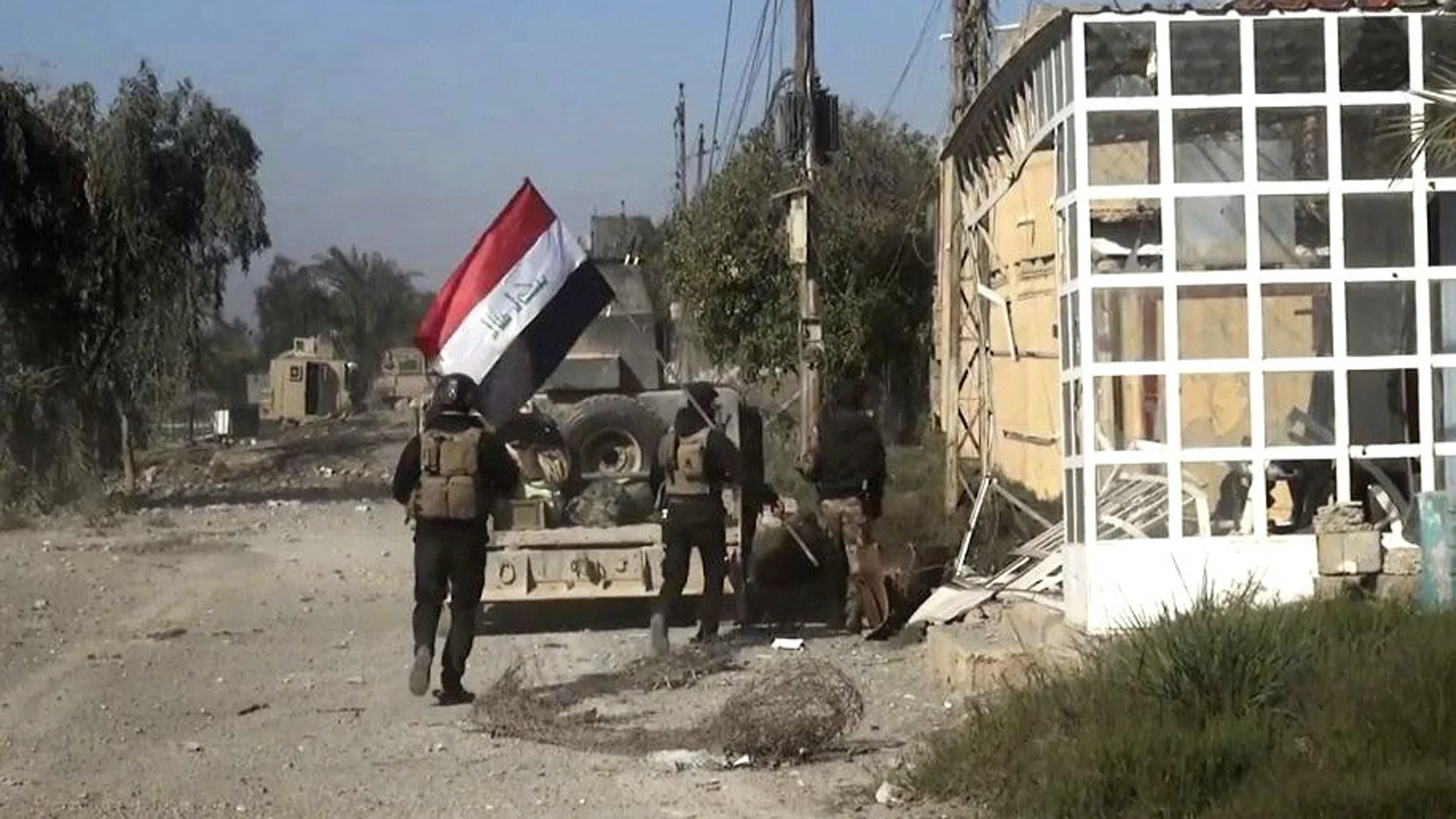 Fuerzass de seguridad iraquíes avanzan por uno de los barrios del sur de Ramadi