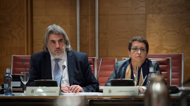 La presidenta de la Plataforma por las Garantías Ciudadanas, Inmaculada Sánchez Ruiz (d), y el abogado de la entidad, Alberto Ganga (i), durante su comparecencia ante la Comisión de Investigación de la Financiación de los Partidos Políticos del Senado.