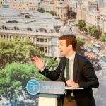 El presidente del PP, Pablo Casado, durante el acto de presetación de los candidatos populares en Madrid / Foto: C. Pastrano