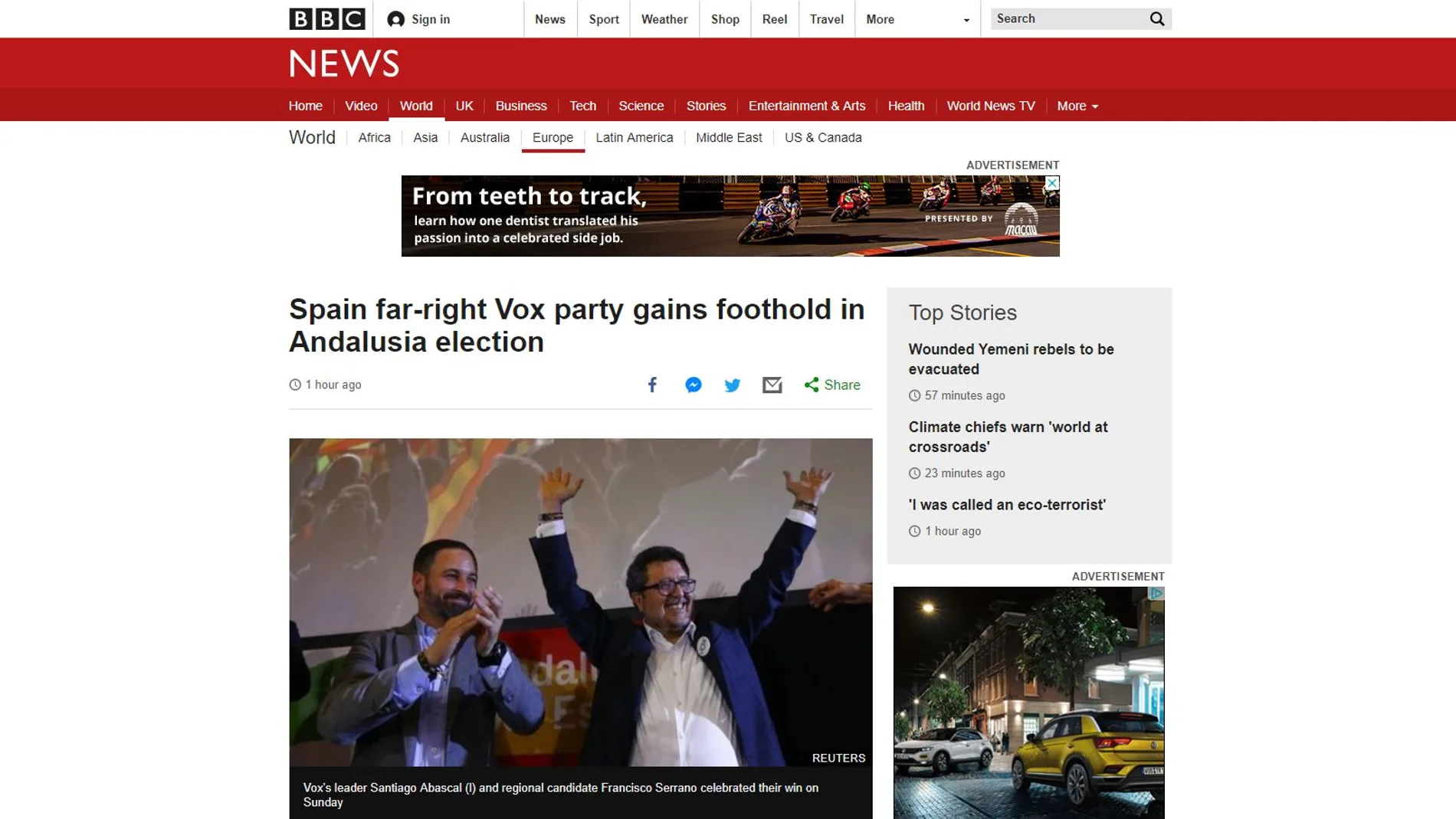 Captura de la noticia de BBC sobre las elecciones de Andalucía