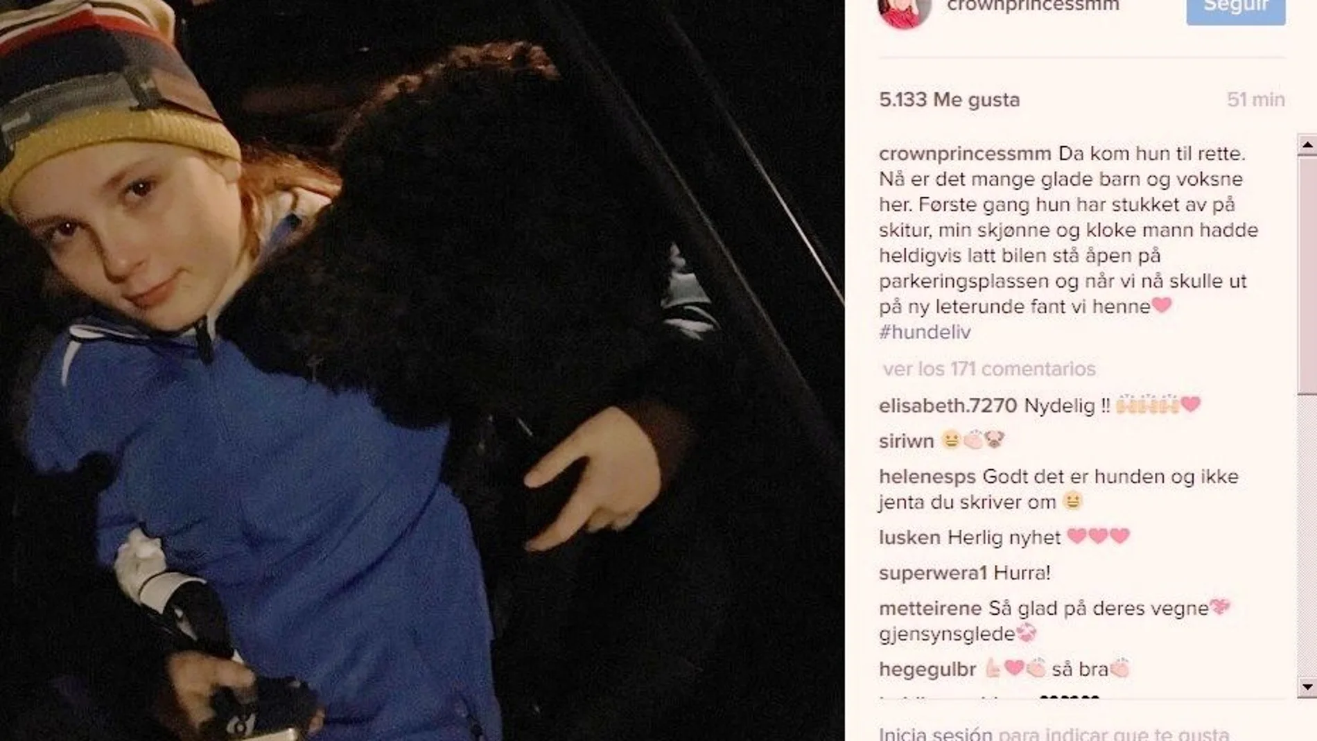 La princesa Ingrid Alexandra abrazando a la perrita una vez encontrada