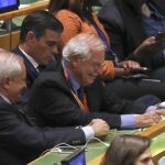 El presidente del Gobierno Pedro Sánchez (c), junto al ministro de Exteriores Josep Borrell, en la Asamblea General de la ONU.