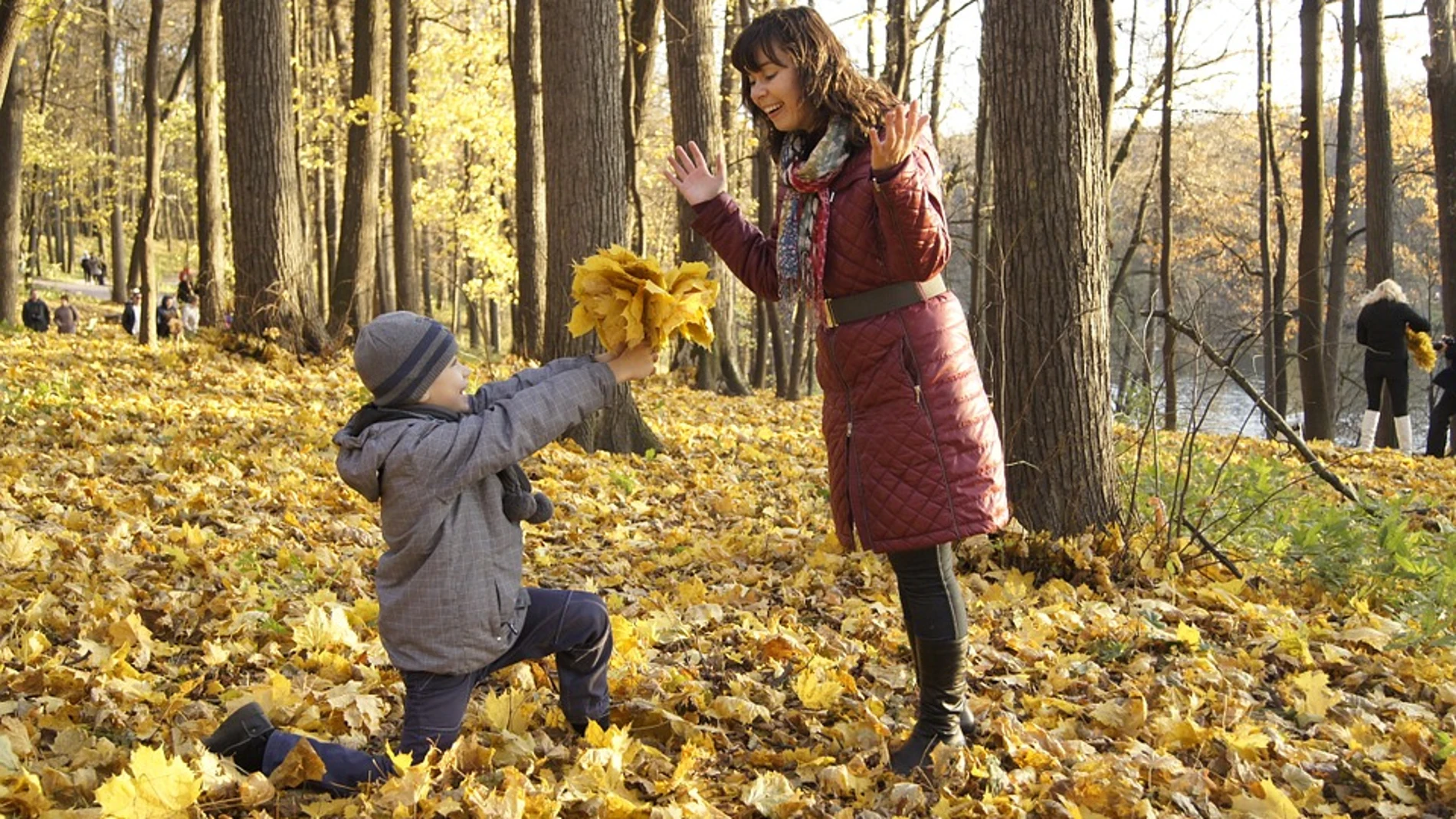 Imagen de un hijo creando un ramo con las hojas caídas de los árboles para su madre