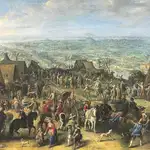 Esposas, hijos, vendedoras y prostitutas se entremezclan con los soldados en esta escena de campamento del «Sitio de Ostende», de Cornelis de Wael, Museo del Prado