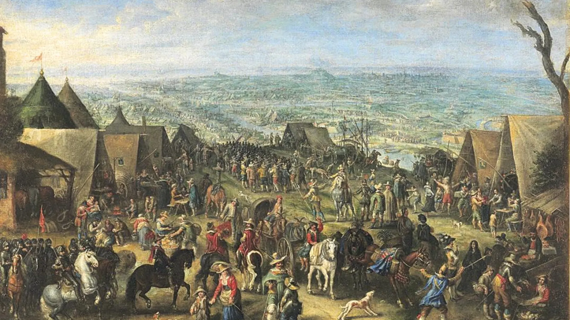 Esposas, hijos, vendedoras y prostitutas se entremezclan con los soldados en esta escena de campamento del «Sitio de Ostende», de Cornelis de Wael, Museo del Prado