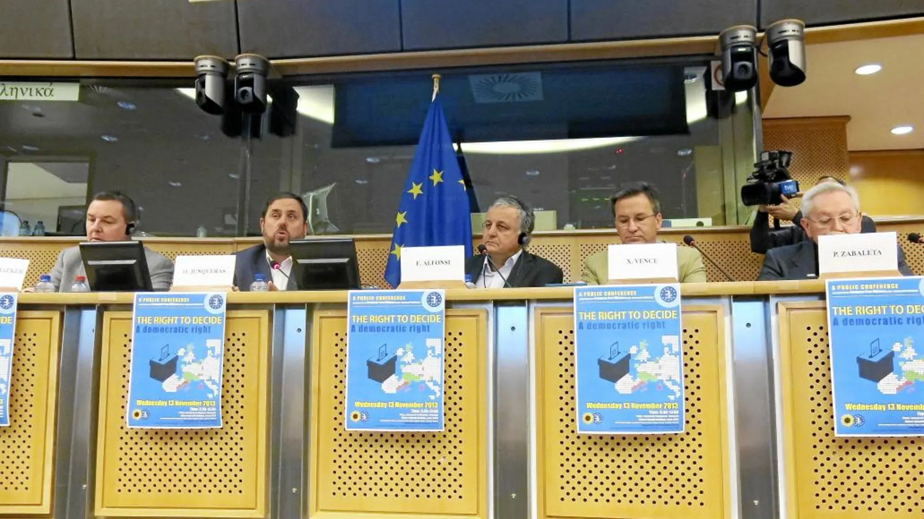 El presidente de ERC, Oriol Junqueras, durante una comparecencia en la UE sobre el derecho de autodeterminación