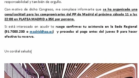 Carta dirigida a los 200 compromisarios regionales para que participen en una cena organizada por el PP de Madrid