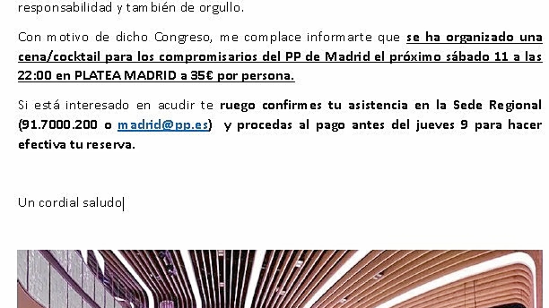 Carta dirigida a los 200 compromisarios regionales para que participen en una cena organizada por el PP de Madrid