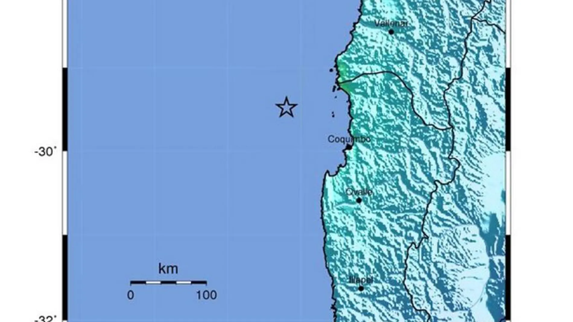 Mapa cedido por el Servicio Geológico estadounidense que muestra la ubicación de un terremoto de magnitud 6.9