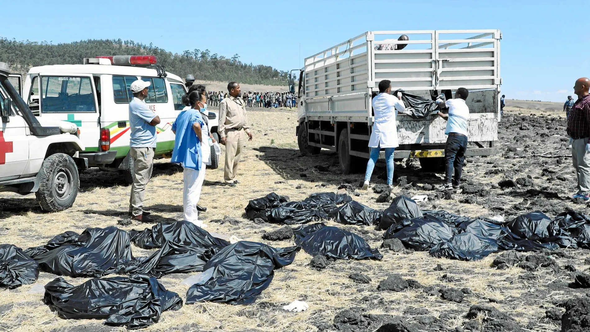 Miembros de los equipos de rescate recogen los cuerpos de los fallecidos cerca de la localidad de Bishoftu / Ap