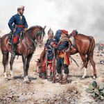 En la obra de Ferrer-Dalmau, un veterano voluntario catalán saluda al General Prim ante un jinete del regimiento Farnesio