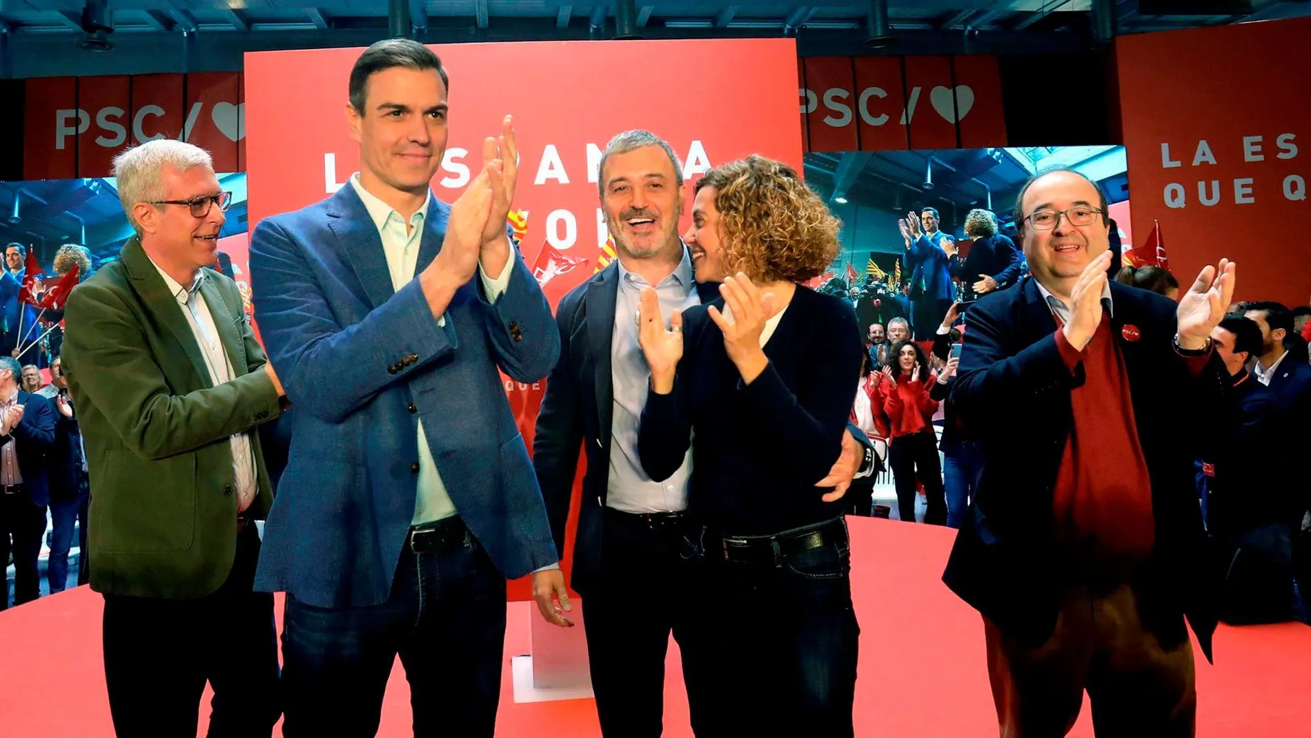 El presidente Pedro Sánchez junto a Miquel Iceta, Meritxell Batet, Jaume Collboni y Fèlix Ballesteros ayer en Tarragona