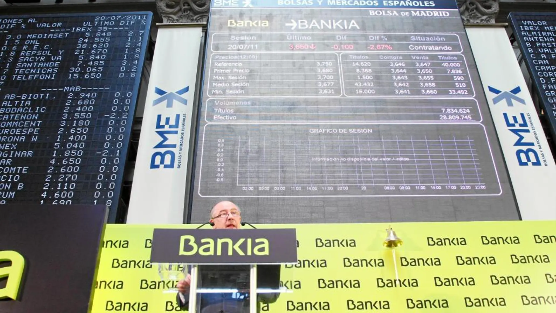 Rodrigo Rato, en la Bolsa de Madrid, el día en que las acciones de Bankia debutaron en el mercado