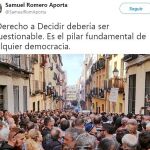Samuel Romero dio su apoyo en Twitter al acto a favor del referéndum ilegal del 1 de octubre, celebrado en Lavapiés.