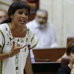La portavoz parlamentaria de Podemos, Teresa Rodríguez, durante su intervención en una sesión de control al Ejecutivo andaluz