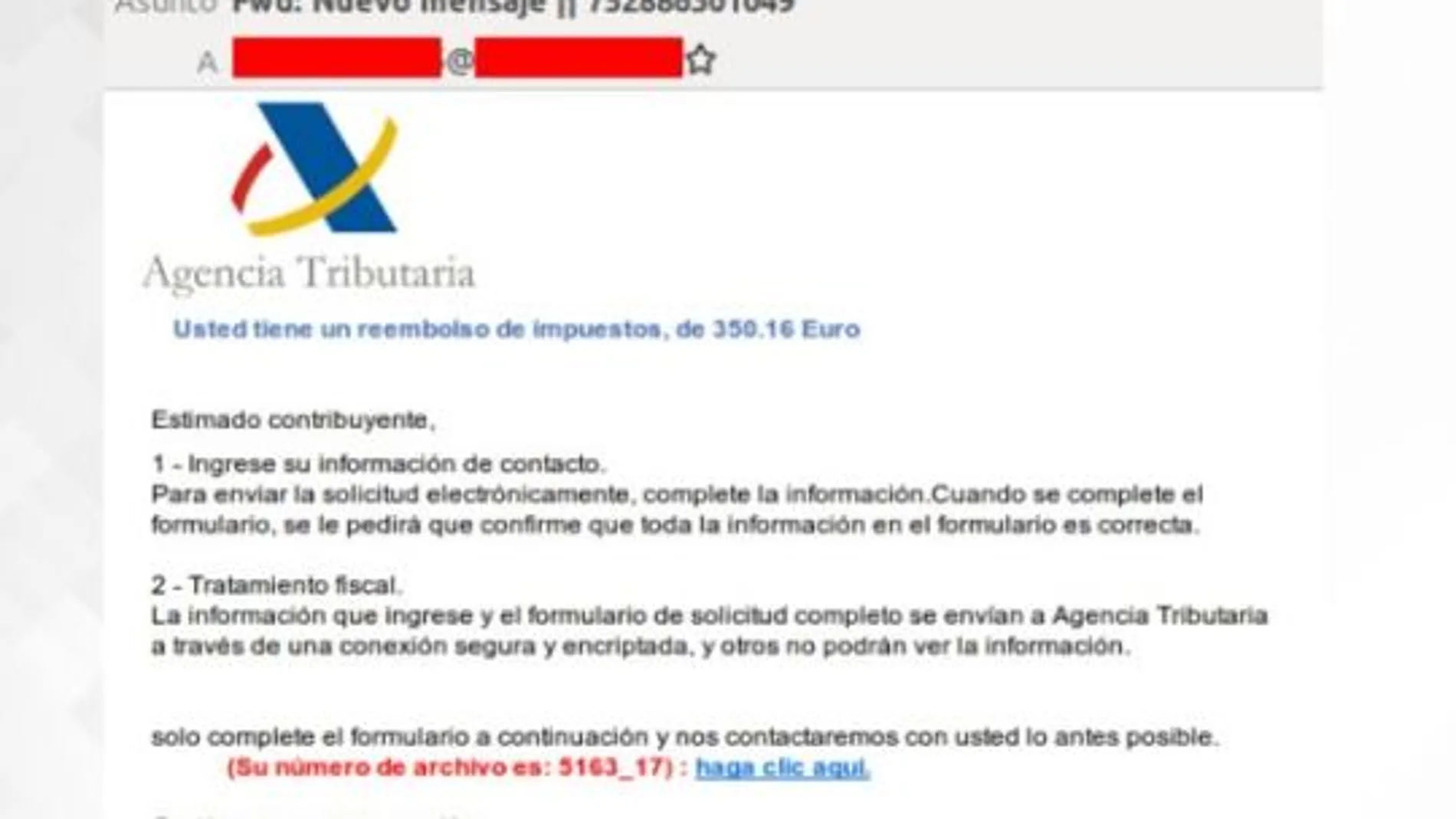 Nueva campaña de phishing a través de e-mail simulando correos procedentes de la Agencia Tributaria